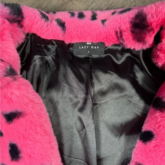 Lazy Oaf Hot Pink Faux Fur Pea Coat with Black Spot Print and Bow - Picture 4 of 9